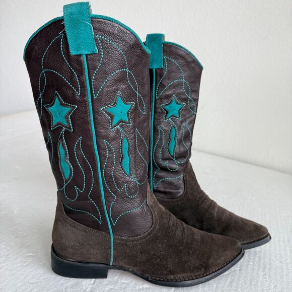 Unbranded Shoes - Brown Suede & Leather Cowboy Boots Turquoise Star Embroidery Women’s Size 38